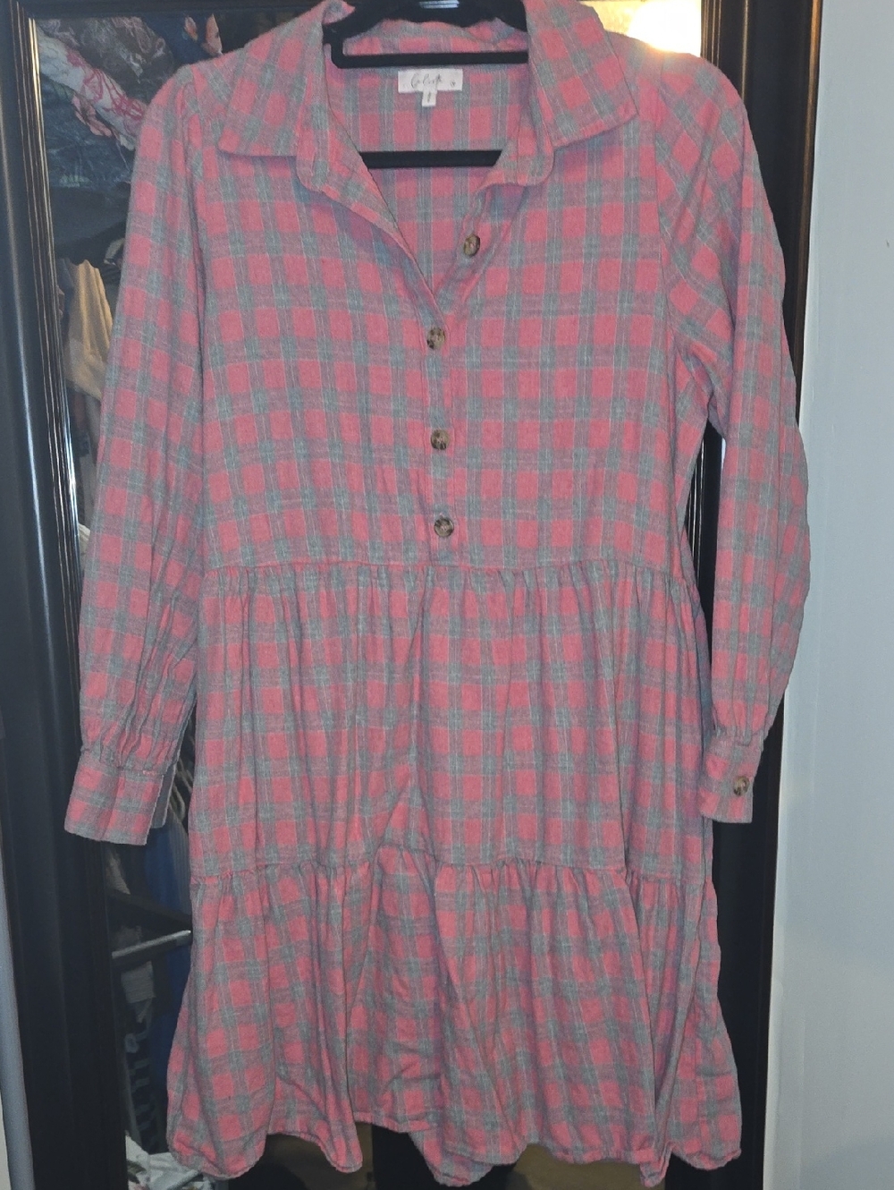Pink and Gray Plaid Tiered Button Dress